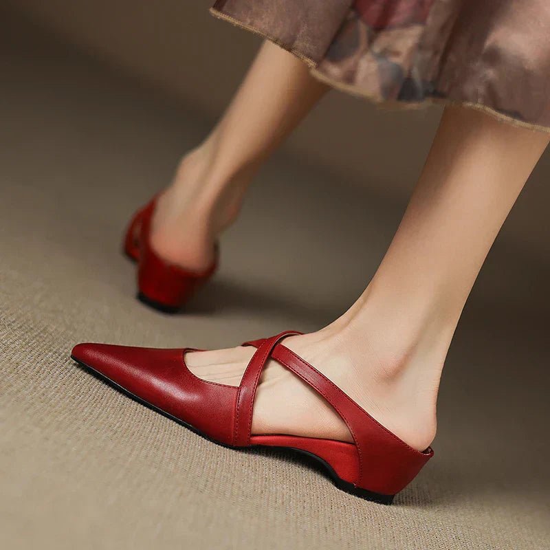 Elegant Mules for Women with Pointed Toe Cross Strap Low Heel Slip On Leather Style