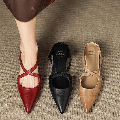 Elegant Mules for Women with Pointed Toe Cross Strap Low Heel Slip On Leather Style