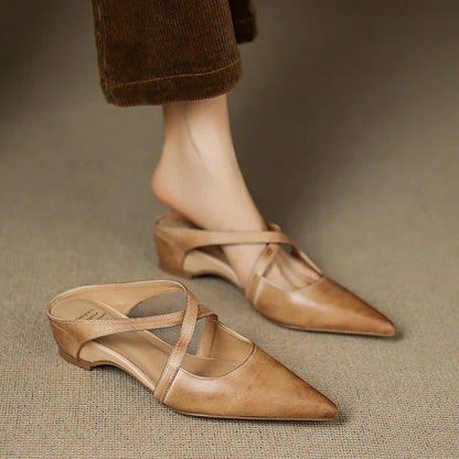 Elegant Mules for Women with Pointed Toe Cross Strap Low Heel Slip On Leather Style