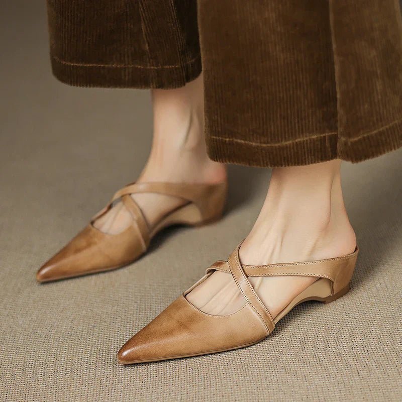 Elegant Mules for Women with Pointed Toe Cross Strap Low Heel Slip On Leather Style