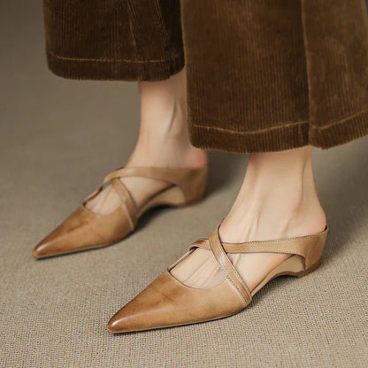 Elegant Mules for Women with Pointed Toe Cross Strap Low Heel Slip On Leather Style