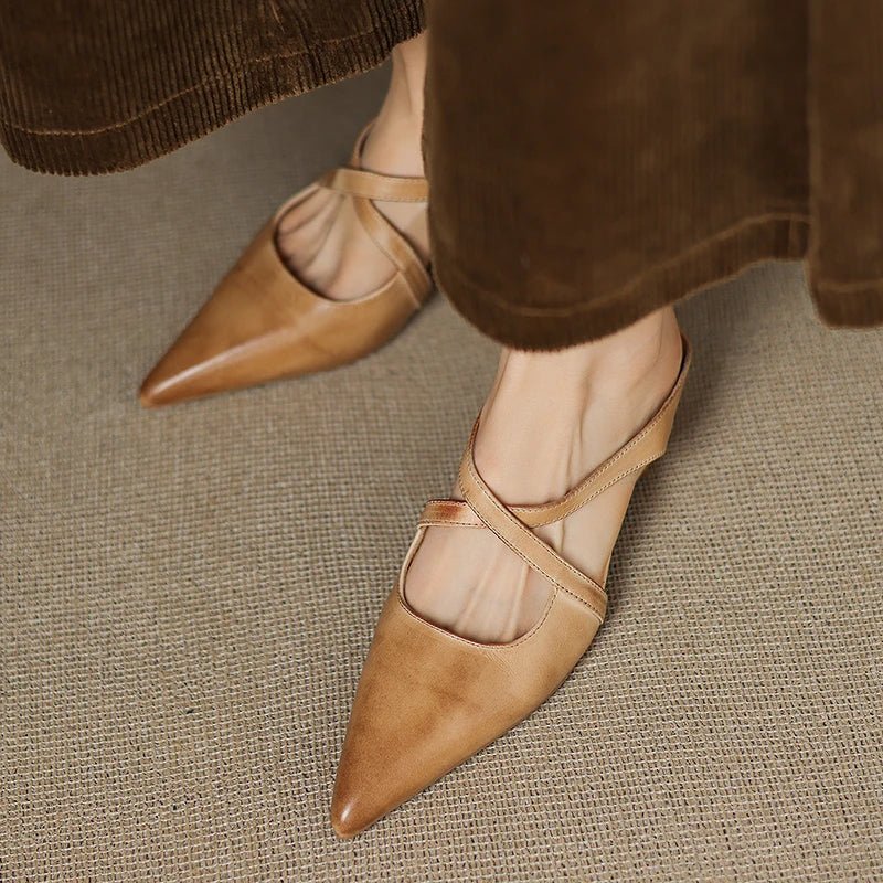 Elegant Mules for Women with Pointed Toe Cross Strap Low Heel Slip On Leather Style