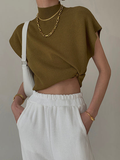 Elegant Sleeveless Top for Women with High Neck Cap Sleeve Knit Casual Style