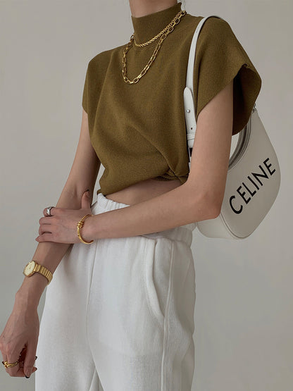 Elegant Sleeveless Top for Women with High Neck Cap Sleeve Knit Casual Style