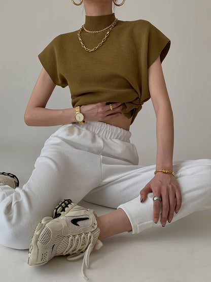 Elegant Sleeveless Top for Women with High Neck Cap Sleeve Knit Casual Style