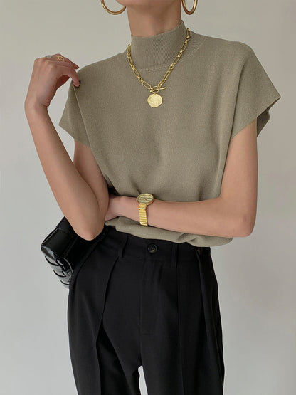 Elegant Sleeveless Top for Women with High Neck Cap Sleeve Knit Casual Style