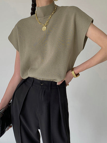 Elegant Sleeveless Top for Women with High Neck Cap Sleeve Knit Casual Style