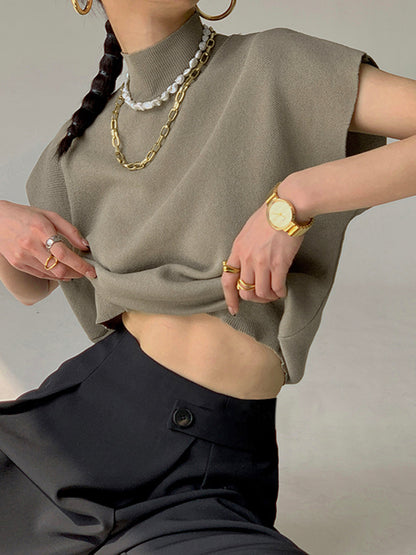 Elegant Sleeveless Top for Women with High Neck Cap Sleeve Knit Casual Style