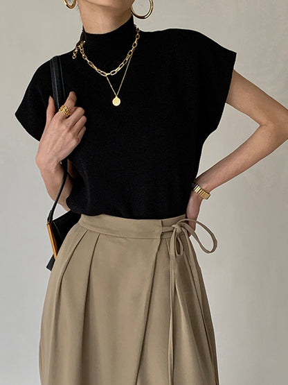 Elegant Sleeveless Top for Women with High Neck Cap Sleeve Knit Casual Style