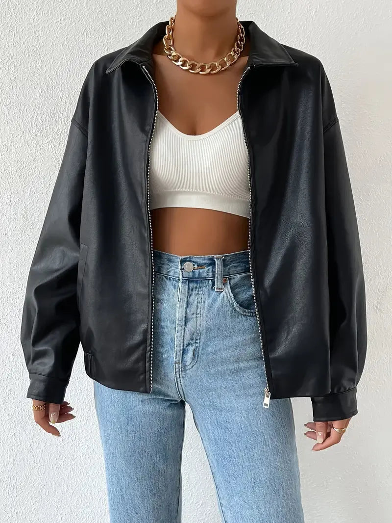 Effortless Black Faux Leather Jacket for Women with Collar Long Sleeve Zip Front Casual Style