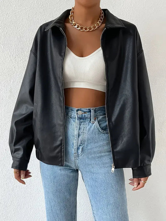 Effortless Black Faux Leather Jacket for Women with Collar Long Sleeve Zip Front Casual Style