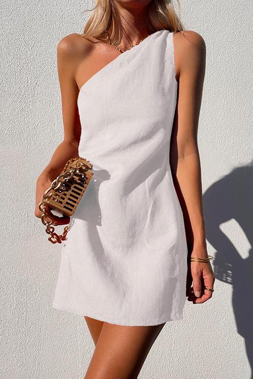 Elegant White Mini Dress for Women with One Shoulder Draped Sleeveless Casual Style