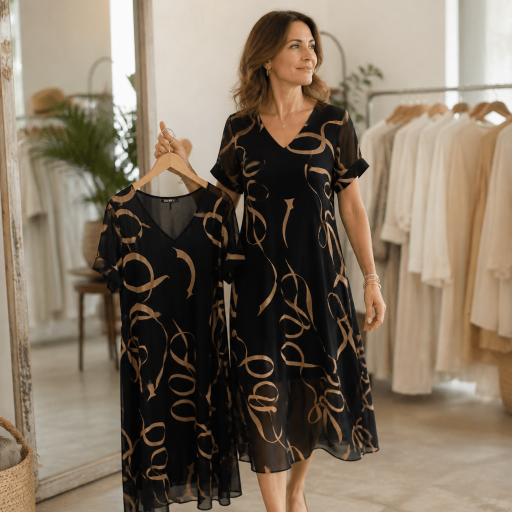 Elegant Black Ribbon Print Midi Dress for Women with V Neck Flutter Sleeve Sheer Hem Fall Flowing Style