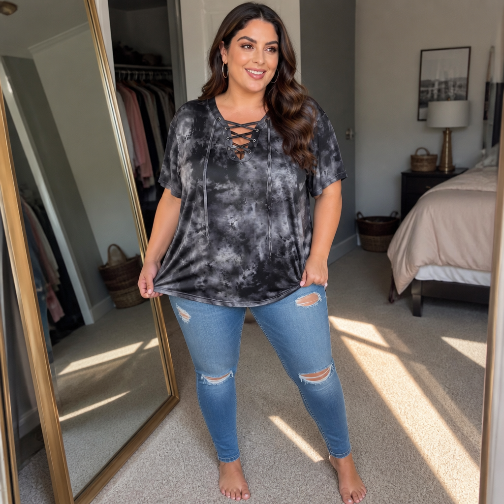Effortless Tie Dye Fall Top for Women with V Neck Lace Up Short Sleeve Relaxed Casual Style
