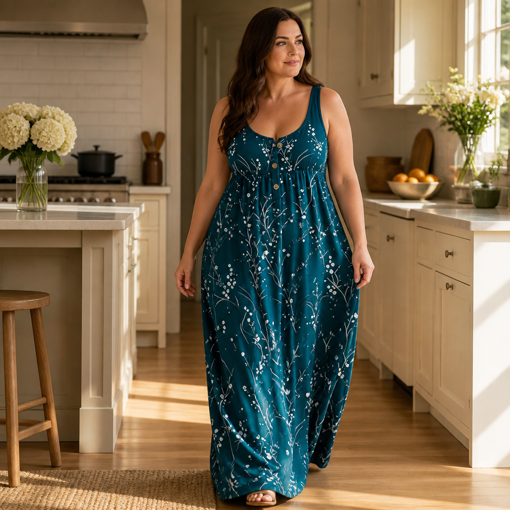 Effortless Plus Size Floral Maxi Dress for Women with Scoop Neck Sleeveless Button Front Autumn Style