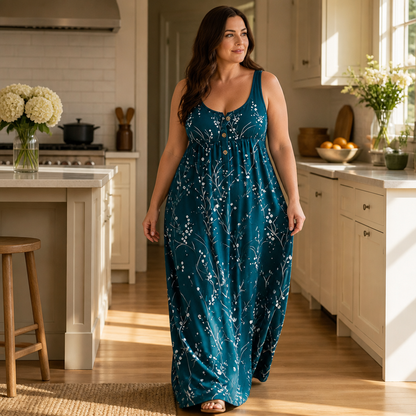 Effortless Plus Size Floral Maxi Dress for Women with Scoop Neck Sleeveless Button Front Autumn Style