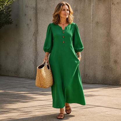 Effortless Button Front Maxi Dress for Women with Notched Neck Bishop Sleeve Flowing Fall Style