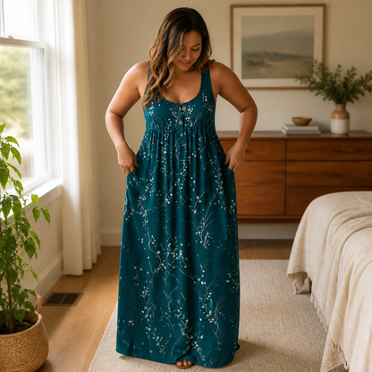 Effortless Floral Maxi Dress for Women with Scoop Neck Sleeveless Button Front Flowing Fall Style