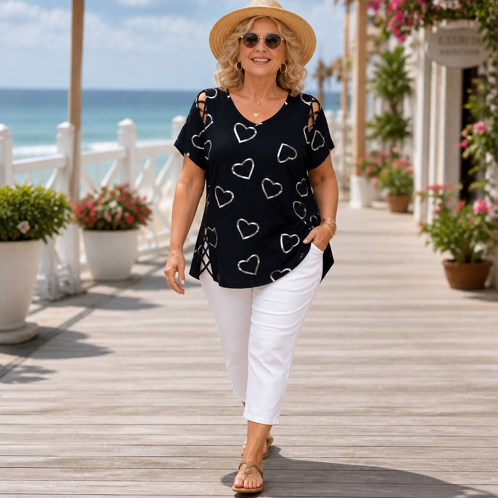 Effortless Heart Print Tunic Top for Women with V Neck Short Sleeve Cutout Shoulder Casual Style