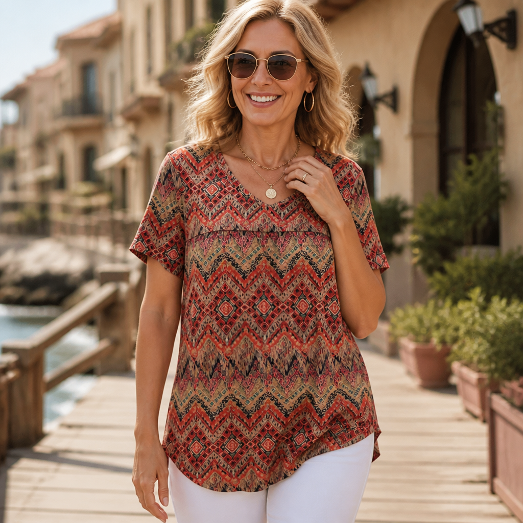 Effortless Boho Print Blouse for Women with V Neck Flutter Sleeve Relaxed Fall Style