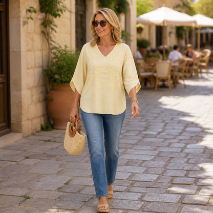 Effortless Embroidered Linen Blouse for Women with V Neck Batwing Sleeve Relaxed Tunic Style