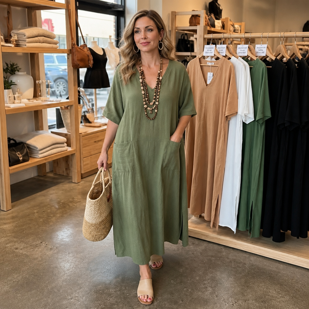 Effortless Linen Maxi Dress for Women with V Neck Half Sleeve Pocket Relaxed Style