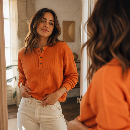 Comfortable Waffle Knit Henley Top for Women with Round Neck Long Sleeve Oversized Fall Style