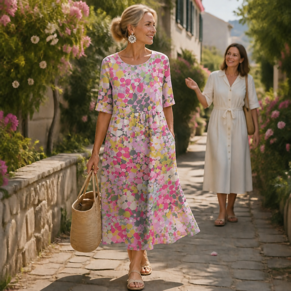 Effortless Confetti Print Midi Dress for Women with Round Neck Short Sleeve A Line Flowing Casual Style