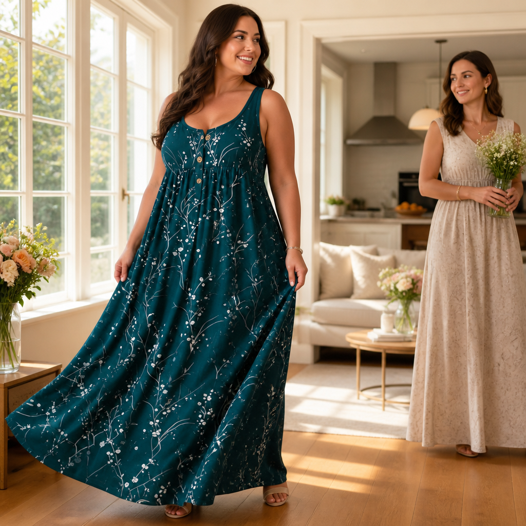 Effortless Plus Size Floral Maxi Dress for Women with Scoop Neck Sleeveless Button Front Autumn Style