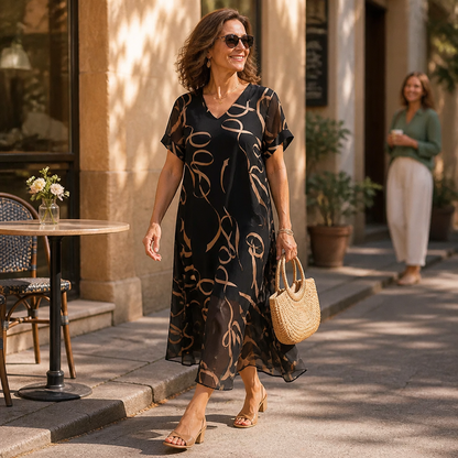 Elegant Black Ribbon Print Midi Dress for Women with V Neck Flutter Sleeve Sheer Hem Fall Flowing Style