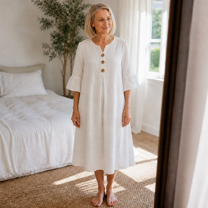 Effortless Linen Midi Dress for Women with Round Neck Bell Sleeve Button Front Relaxed Style