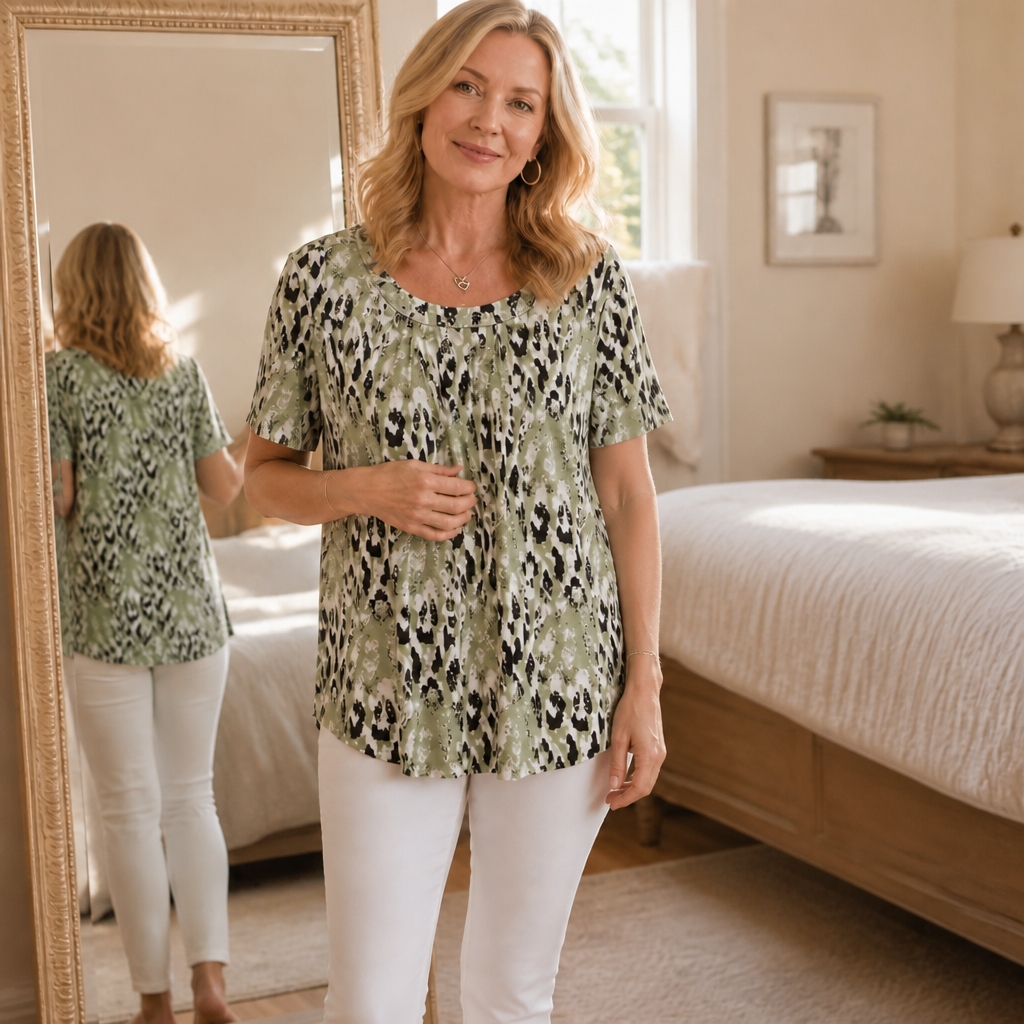 Effortless Leopard Print Blouse for Women with Round Neck Short Sleeve Pleated Fall Casual Style