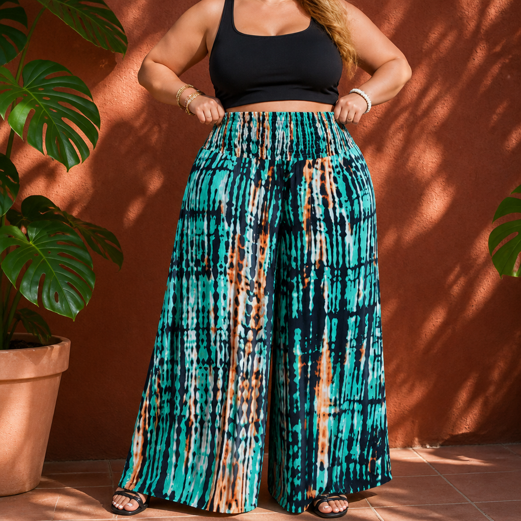 Effortless Tie Dye Wide Leg Pants for Women with Smocked High Waist Relaxed Bohemian Style