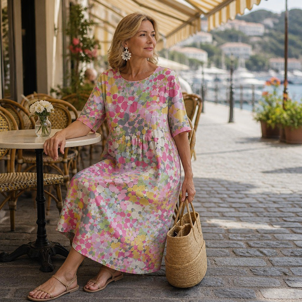 Effortless Confetti Print Midi Dress for Women with Round Neck Short Sleeve A Line Flowing Casual Style
