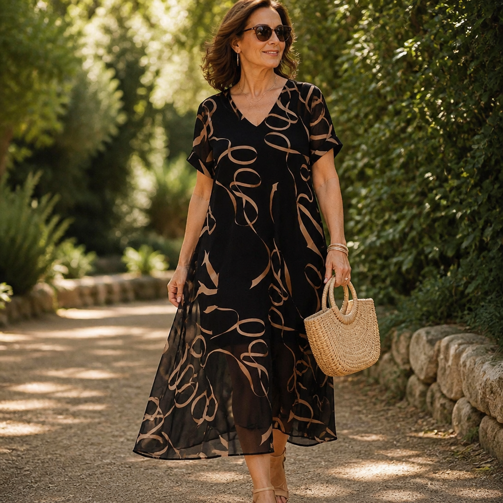Elegant Black Ribbon Print Midi Dress for Women with V Neck Flutter Sleeve Sheer Hem Fall Flowing Style