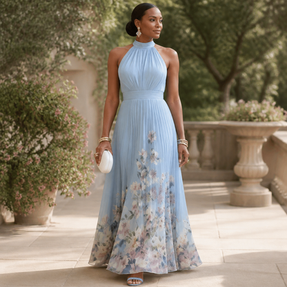 Elegant Blue Floral Maxi Dress for Women with Halter Neck Sleeveless Pleated Flowing Fall Wedding Guest Style