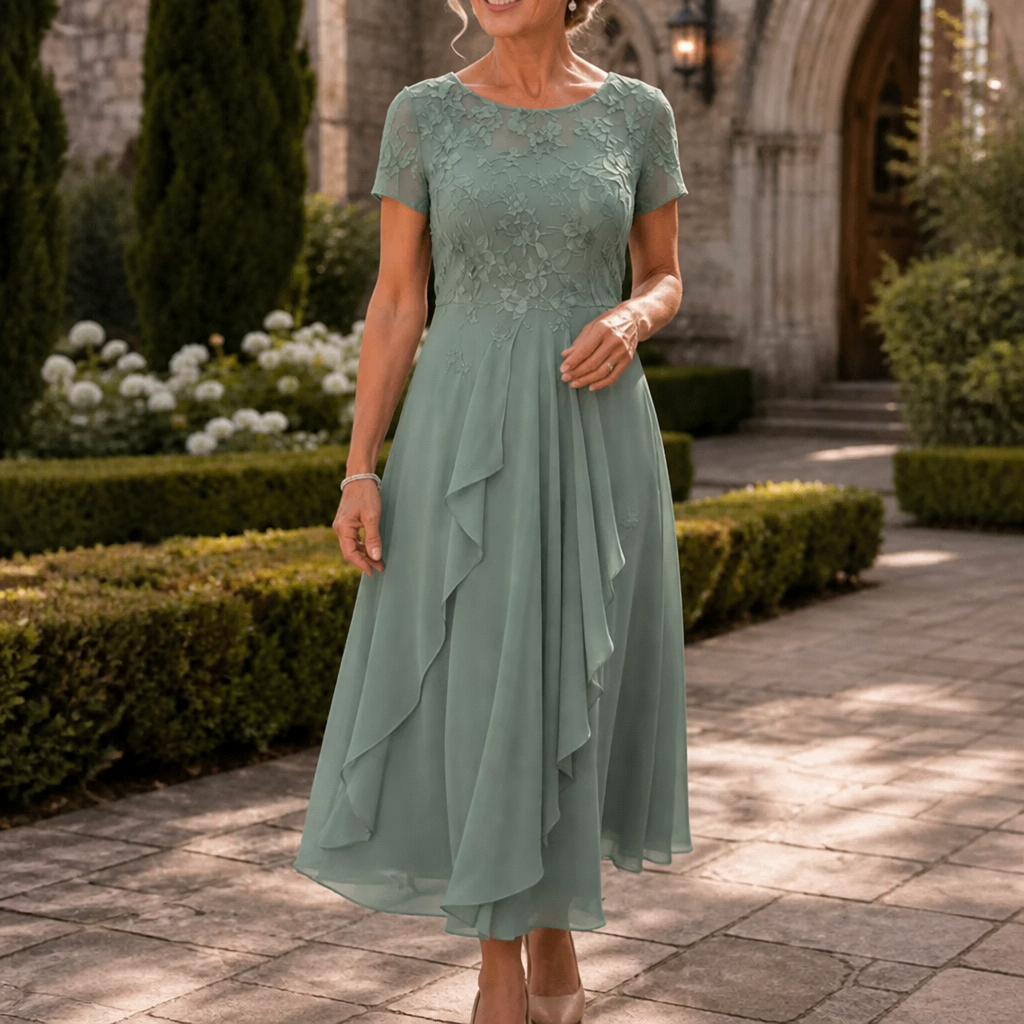 Elegant Lace Midi Dress for Women with Round Neck Short Sleeve Ruffle Hem Fall Wedding Guest Style