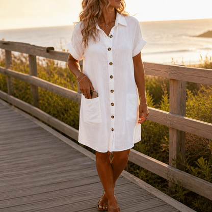 Effortless Cotton Gauze Shirt Dress for Women with Collar Short Sleeve Button Front Pocket Casual Style
