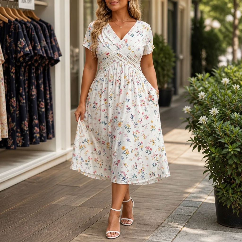 Effortless Floral Midi Dress for Women with V Neck Short Sleeve Crisscross Waist Fall Wedding Guest Style