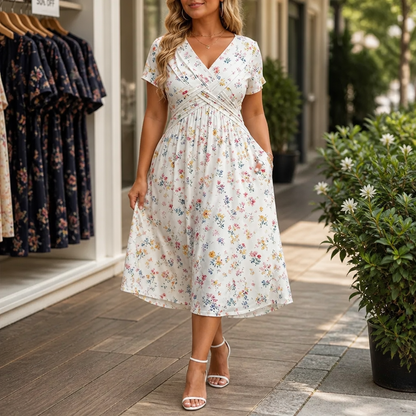 Effortless Floral Midi Dress for Women with V Neck Short Sleeve Crisscross Waist Fall Wedding Guest Style