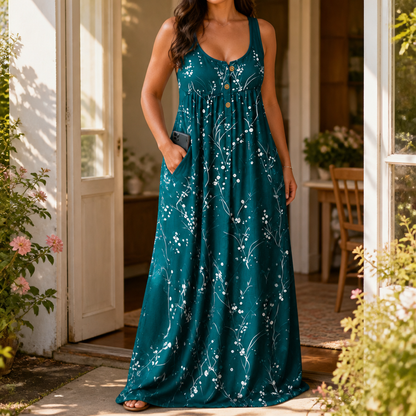 Effortless Plus Size Floral Maxi Dress for Women with Scoop Neck Sleeveless Button Front Autumn Style