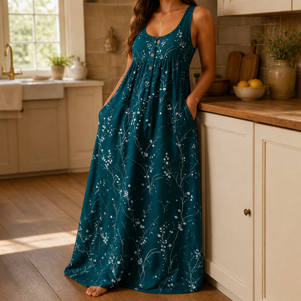 Effortless Floral Maxi Dress for Women with Scoop Neck Sleeveless Button Front Flowing Fall Style