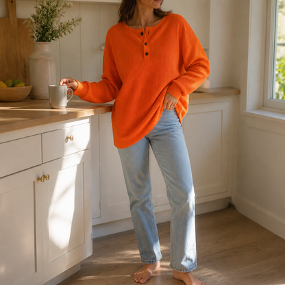 Comfortable Waffle Knit Henley Top for Women with Round Neck Long Sleeve Oversized Fall Style