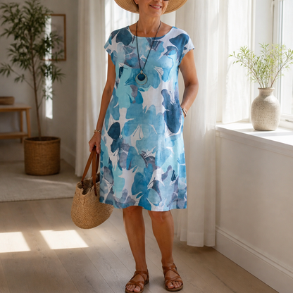 Effortless Floral Shift Dress for Women with Round Neck Cap Sleeve Relaxed Flowing Bohemian Style