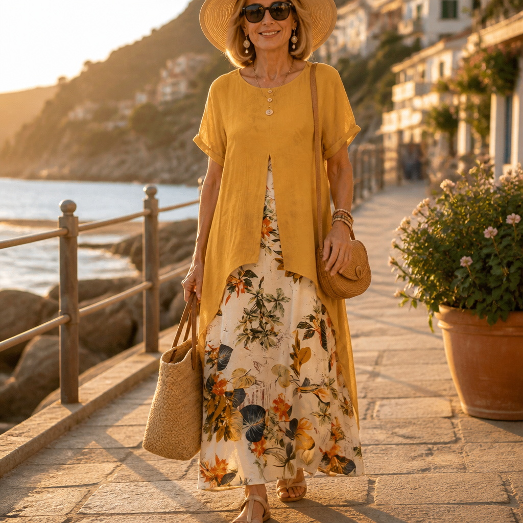 Effortless Floral Maxi Two Piece Set for Women with Round Neck Short Sleeve High Low Duster Fall Style