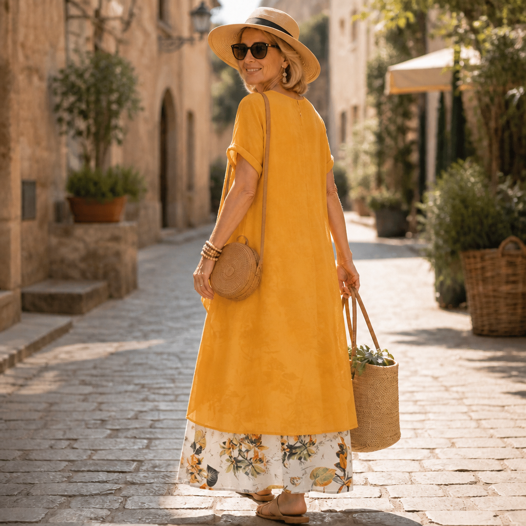 Effortless Floral Maxi Two Piece Set for Women with Round Neck Short Sleeve High Low Duster Fall Style