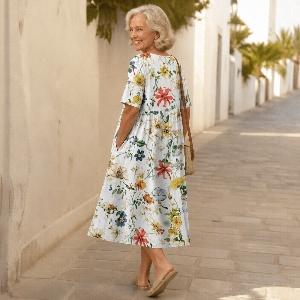 Effortless Floral Midi Dress for Women with Round Neck Elbow Sleeve Empire Waist Flowing Style