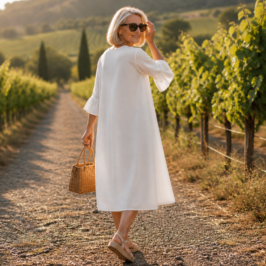Effortless Linen Midi Dress for Women with Round Neck Bell Sleeve Button Front Relaxed Style