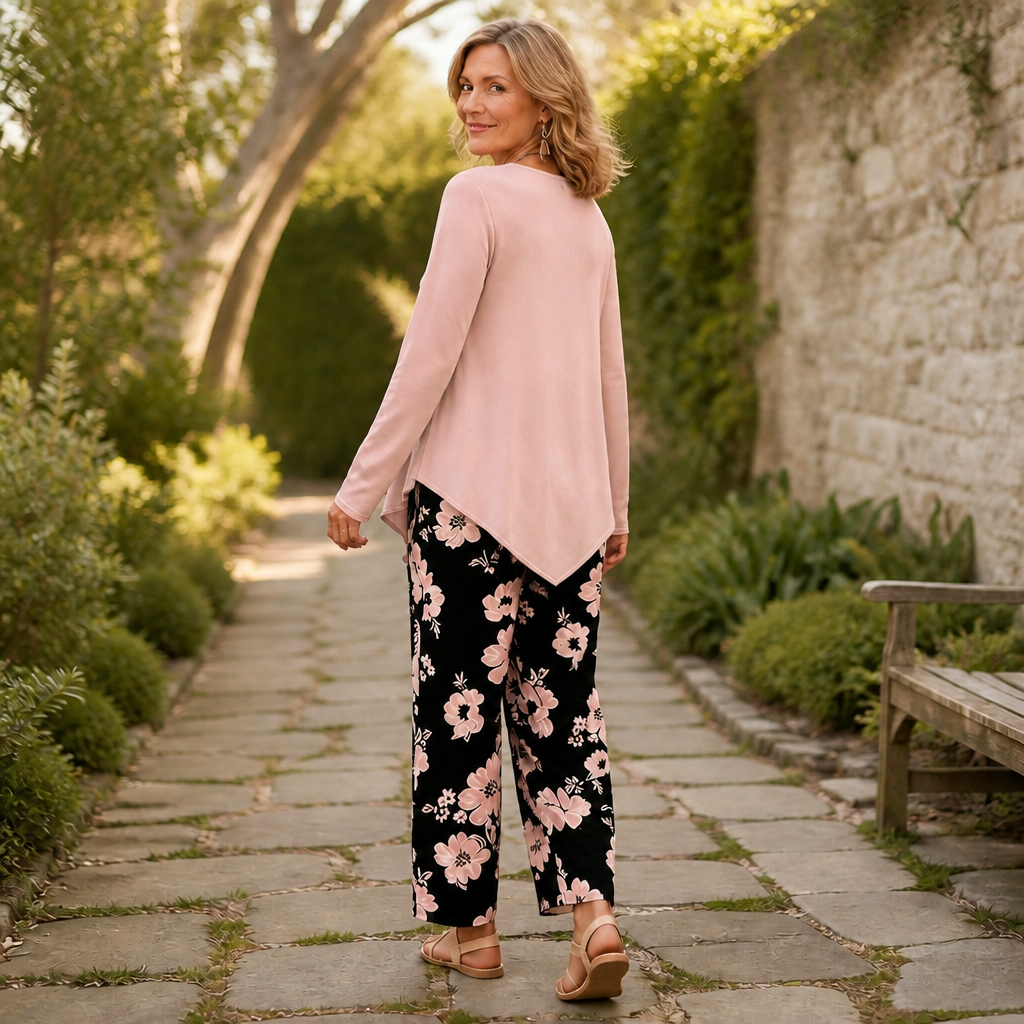 Effortless Floral Wide Leg Set for Women with Round Neck Long Sleeve Layered Hem Two Piece Style