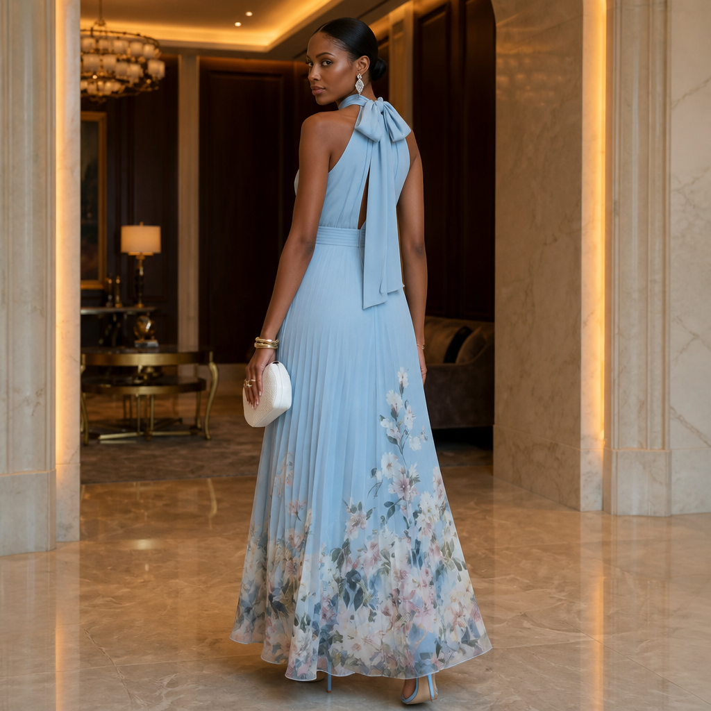 Elegant Blue Floral Maxi Dress for Women with Halter Neck Sleeveless Pleated Flowing Fall Wedding Guest Style